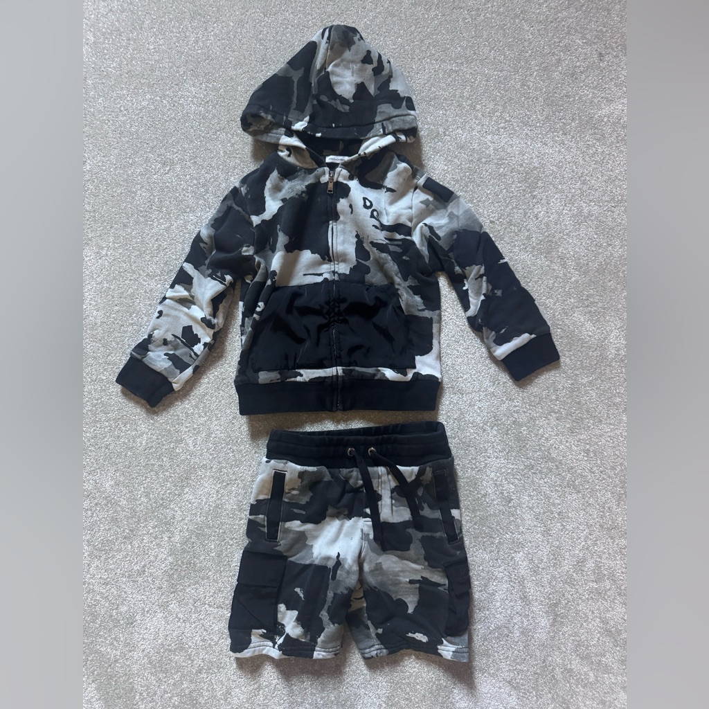 Dolce & Gabbana Black & Gray Camouflage Kids Hoodie And Shorts Set